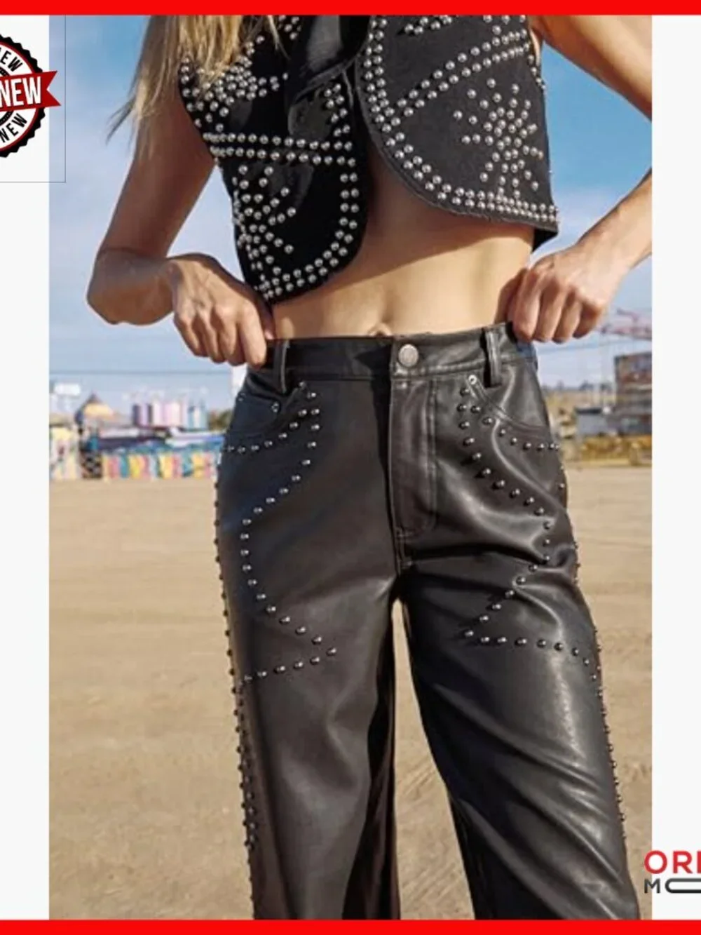 Faux Leather Studded Straight Leg Trousers, Edgy Statement Pants